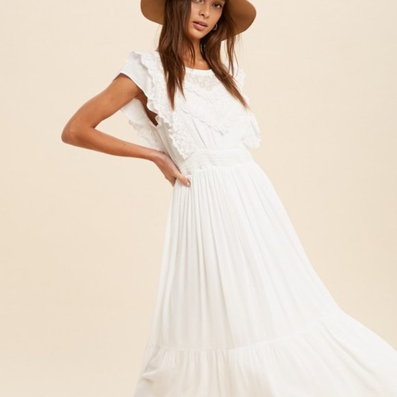 Last 1! NWT White Ivory Lace Trim Smocked Waist Midi Dress - Picture 2 of 5